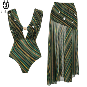 JSN 2026 Nouveau design personnalisé <span class=keywords><strong>Maillot</strong></span> <span class=keywords><strong>de</strong></span> <span class=keywords><strong>bain</strong></span> deux <span class=keywords><strong>pièces</strong></span> pour <span class=keywords><strong>femme</strong></span>, color block, rayé, à paillettes, avec robe <span class=keywords><strong>de</strong></span> <span class=keywords><strong>bain</strong></span> et ensemble bikini évidé - Product Image 1