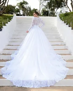 Latest Design Jewel Long Sleeve Wedding Gown Bridal Dress