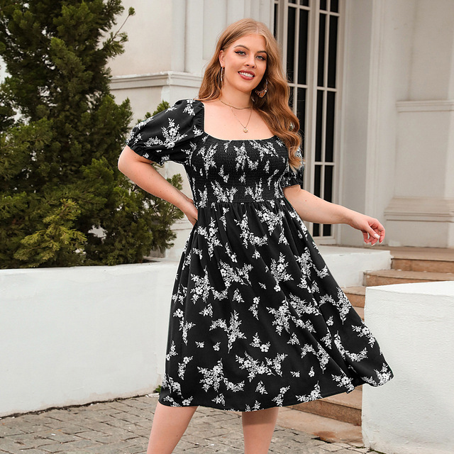 Women Plus-size Women's Clothing Plus-size Printed Casual Vacation Dress Bohemian French Elegant Dress for Ladies Short Sleeve