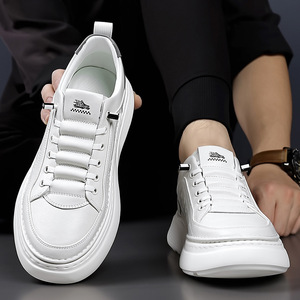 White Men's <b>Slip</b>-<b>On</b> <b>Sneakers</b> Genuine Leather Round Toe Platform Cushioned Spring Casual Shoes - Product Image 3