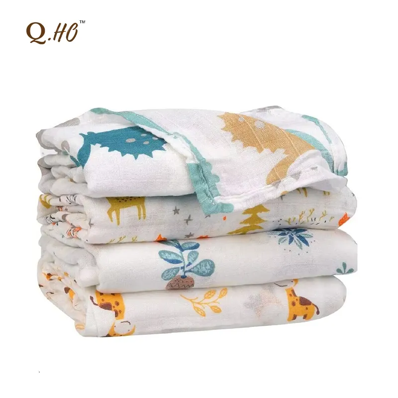 New Fashion Customizable Cute Printed 4 Layer Soft 70% Bamboo 30% Organic Cotton Fabric Muslin Infant Baby Swaddle Wrap Blanket