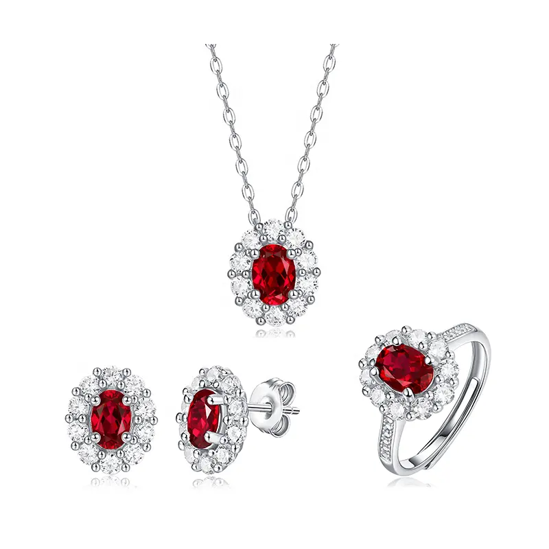 925 Silver Ruby Earrings Necklace Ring Set Heartless Earrings Fashion Trend Jewelry Spot Silver Ear Studs Wholesale Gift Banquet