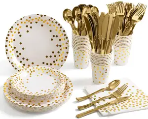 7 "9" Paper Plate Gold Polka Dot Set - Secondary Party Knife, Fork, Spoon Towel Tablecloth