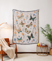 Plaid d'intérieur écologique toutes saisons, motif floral papillon nordique, jacquard turquoise, tissé, pour la relaxation, à franges botaniques