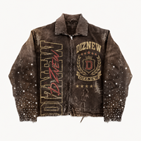 Giacca Distressed Premium DiZNEW per Uomo, Dettaglio Logo Unico con Strass, Giacca in Denim Oversize, Logo Personalizzato di Fabbrica