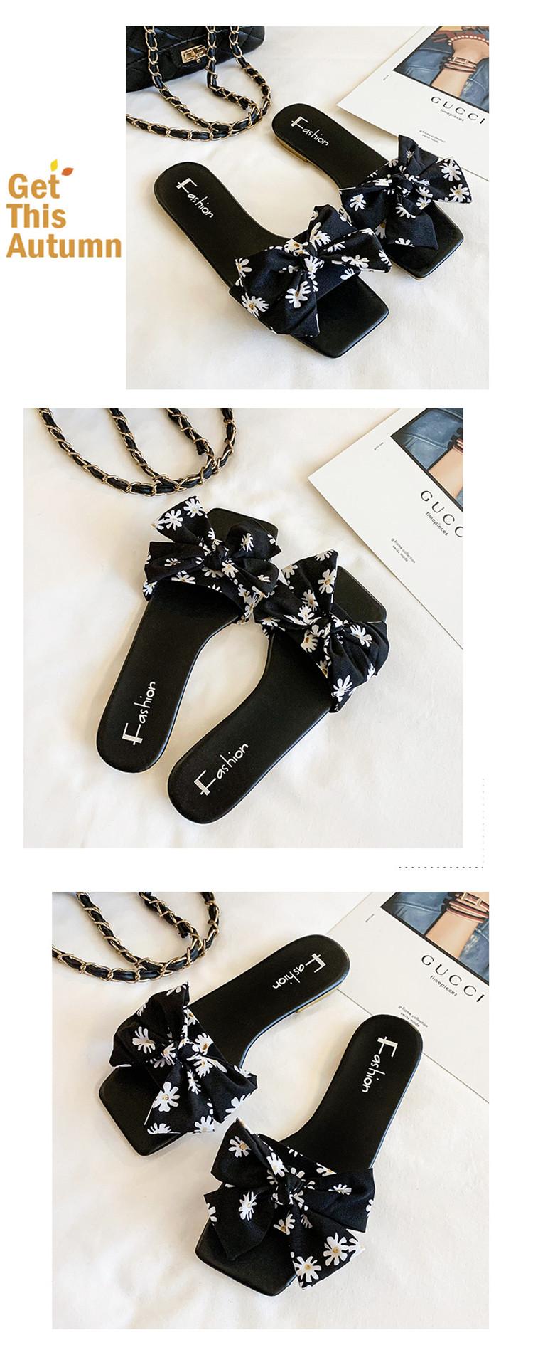 Summer Bow Square Head Flat Shoes Casual Slides Slipper Non Slip Ladies Sandals and Slippers