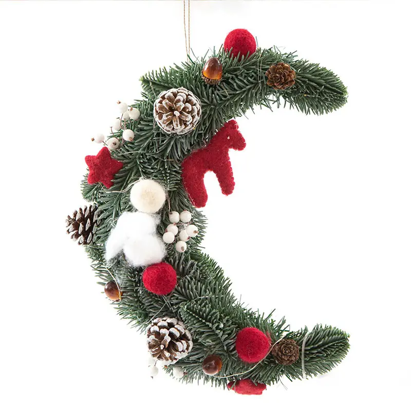 35CM Christmas Decoration Wreath Artificial Pine Cones Garland Arch Moon Shape Christmas Swags With Led Lights