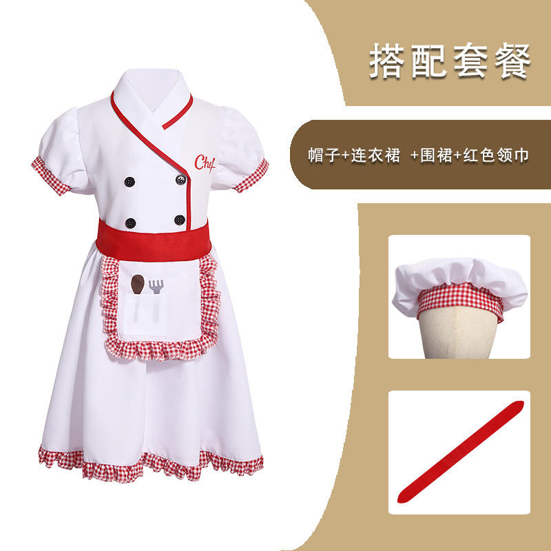 Sombrero + vestido + delantal + bufanda roja