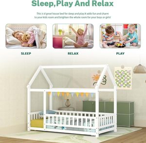 <span class=keywords><strong>Letto</strong></span> <span class=keywords><strong>Montessori</strong></span> in Legno per Bambini, Design a Forma di Casa con Tetto e Recinzione, Senza Doghe, in Pino Bianco, per Ragazzi e Ragazze - Product Image 3