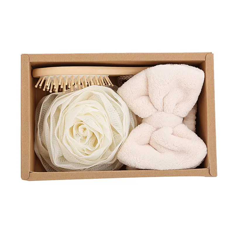 Produit de bain Kit de spa pour femmes Coffret cadeau de bain spa avec bandeau et serviette éponge en maille luffa et brosse à airbag