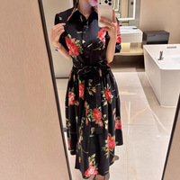 Robe d'été élégante vintage pour femme, imprimé rétro, col rabattu, taille à cordon, manches courtes à volants