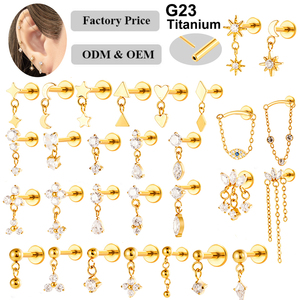 Pendientes de cartílago de <span class=keywords><strong>titanio</strong></span> ASTM F136 personalizados Maina con circonita, aretes colgantes de oro para el lóbulo de la oreja, labret de base plana, joyería para <span class=keywords><strong>piercing</strong></span> de tragus con pin a presión. - Product Image 1