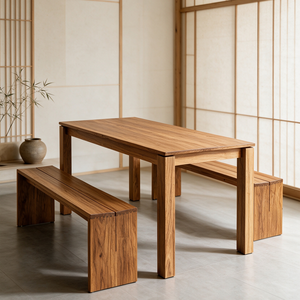 Tavolo <span class=keywords><strong>da</strong></span> Pranzo Moderno di Lusso Minimalista Contemporaneo in Legno di Teak Birmano Naturale Massiccio con <span class=keywords><strong>2</strong></span> Panche, Arredamento per Sala <span class=keywords><strong>da</strong></span> Pranzo - Product Image 2