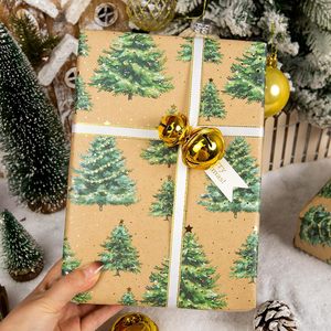 Kraft Christmas <b>Wrapping</b> <b>Paper</b> Green Gold Tree Star Design 17 Inch X 33 Feet Roll Gift Craft Eco Friendly - Product Image 2