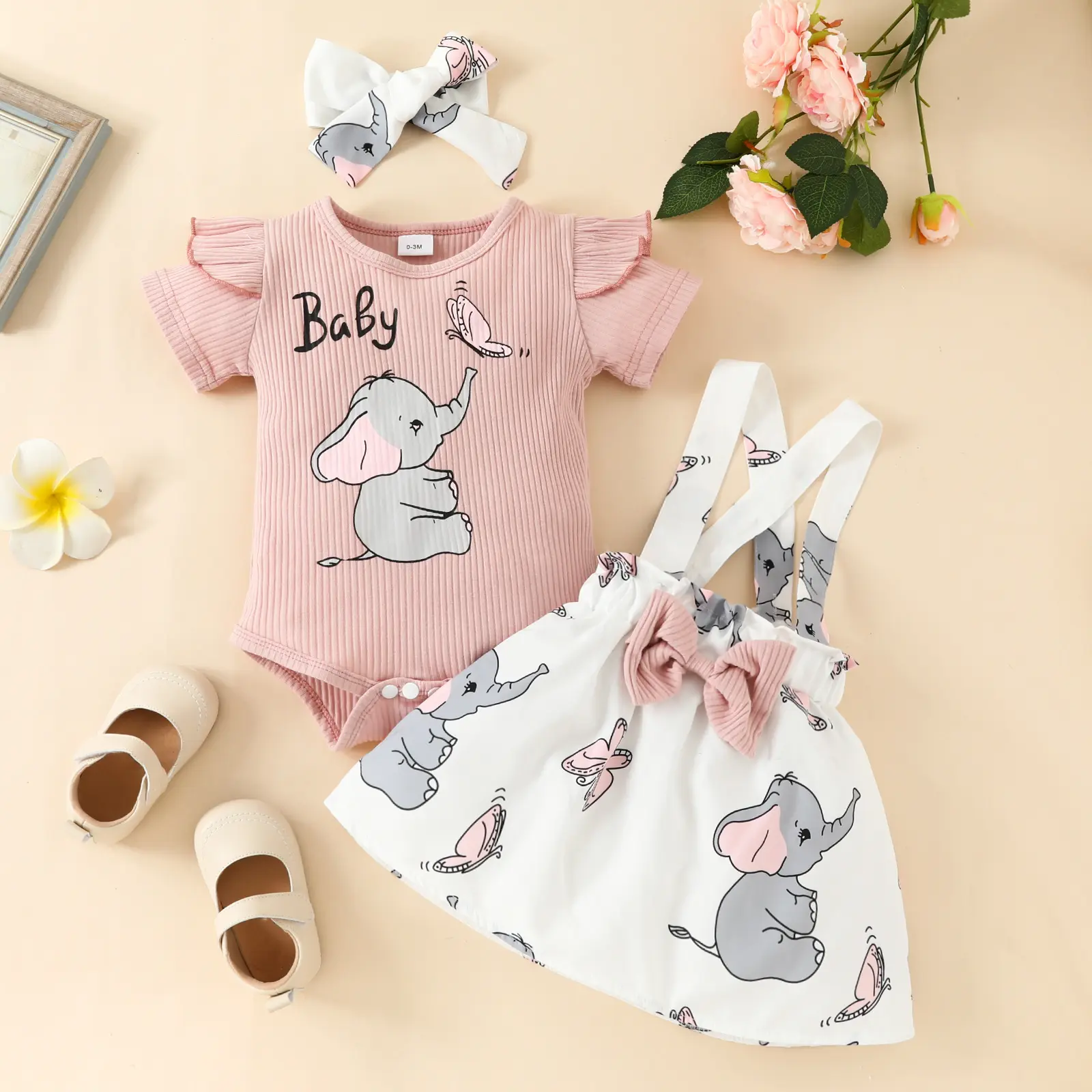 Mode Sommer Baby Mädchen Hosenträger Kleid Set Kleinkind Kleinkind Bodysuit Elefant Print Baby Stram pler