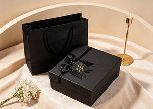 Thick <b>Black</b> Cardboard Eco-Friendly High-End Gift <b>Box</b> with Lid/Base Structure Satin Bow Gold Foil Tag Four-Color Printing - Product Image 5