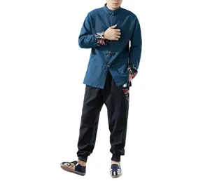 2024 Patchwork camicia a manica lunga da uomo vestiti di lino Tang bianco fatto a mano cinese bottoni con nodo nero camicie di lino per gli uomini