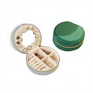 Wholesale Custom Travel Pink Round Jewellery Storage <b>Case</b> Logo <b>Small</b> Green Portable Velvet Box Mirror Zipper Closure - Product Image 1