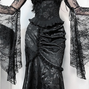 Gonna lunga <span class=keywords><strong>gotica</strong></span> da donna con arricciature - Gonna a coda di pesce asimmetrica in jacquard nero con finiture in pizzo per un look elegante e alternativo - Product Image 3