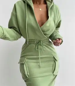 2024 Women's Long-sleeved Sexy Top V hoodie And Dress Set Solid Color Mid-length Casual Dress For Women Hooded Sweater Dress