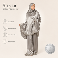 Ensemble de prière musulman en satin argenté pour femmes JINYUAN, comprenant un hijab, un khimar, un pantalon large et une dentelle, fabrication OEM ODM en gros