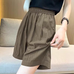 Ice Silk Women's Loose Wide Leg Shorts Elastic Waist Casual Five Point Pants Summer Style Khaki Green Yellow Coffee Black - Product Image 3
