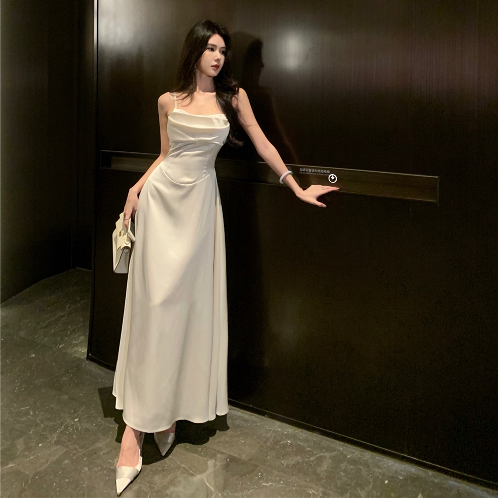 white satin camisole dress Vince Satin Frayed-Edge Bias Camisole Dress in Sea Star