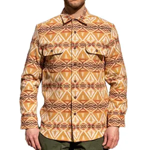 Wholesale Men Vintage Geometric Print Lapel Long Sleeve T Shirt Jacket Custom Heavyweight Multicolor Shirt Plus Size Men Jackets