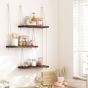 <b>Wall</b> <b>Mounted</b> Three Tier Wooden Floating <b>Shelf</b> With Hanging Rope Storage Rack For Living Room Bedroom Decorative Use - Product Image 2