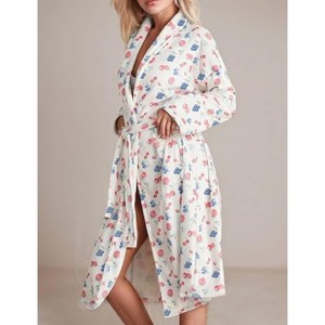 Accappatoio da donna in pile con stampa frutta, grazioso e leggero per primavera/estate, in morbido flanella con cintura - Product Image 4