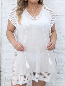 Robe de plage grande taille pour femmes, col en V profond, à nouer devant, tissée, sexy, pour les vacances, vêtement de plage pour bikini, pour commande en gros - Product Image 3