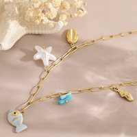 Collier en acier inoxydable plaqué or 18 carats avec breloques poisson, étoile de mer et coquillage, style trombone, pour femme, vente en gros OEM