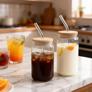 Bouteille à boisson en verre transparent en forme de canette de café de haute qualité, directement de l'usine CnGlass, avec couvercle en bambou et paille - Product Image 3