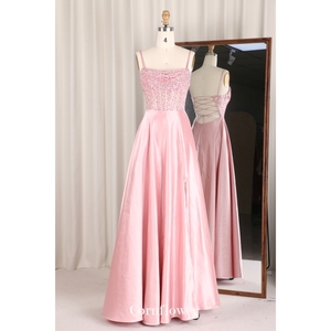 Abito da sera Aline in raso lucido rosa spalline sottili regolabili moderno lungo abito da sposa madre formale con spacco sinistro - Product Image 1
