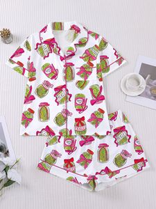 Conjunto de Pijama de Verano para Mujer con Estampado de Tortuga Marina y Coral Oceánico, Ribete en Contraste Azul, Cuello con Muescas y Manga Corta - Product Image 6