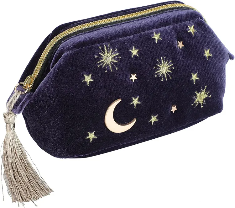 Handliche kosmetische Schmink tasche, Luxus Navy Velvet bestickte Applique Moon Stars Kosmetik tasche