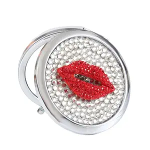 Espelho redondo decorativo moderno de bolso, estilo religioso, feito à mão, brilho labial madrepérola, joia pequena de diamante e pérola, miniatura