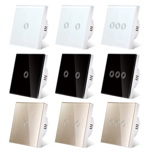 Interruptor de Inducción Táctil Sensible de Lujo para Interiores, Tipo 86, <span class=keywords><strong>1</strong></span>/2/3 Vías, Panel de Vidrio Blanco, Negro y Dorado, con Indicador Azul y Rojo - Product Image 2