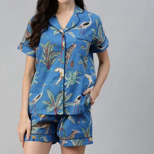 Floral Cotton Pajama <b>Set</b> Handblock Print Sleepwear Women's Nightwear Solid <b>Colour</b> Wholesale Price Available - Product Image 1