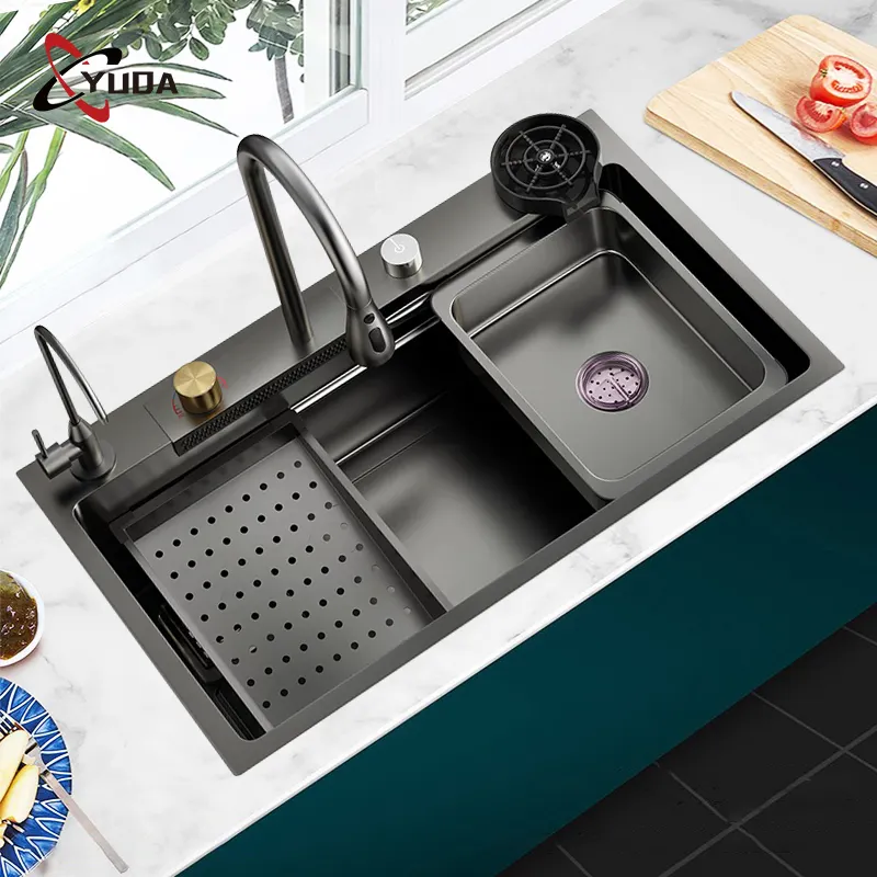 Новый тренд цифровой дисплей ручной работы умный водопад многофункциональная кухонная раковина черная нано Двойная чаша кухонная раковина