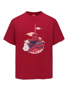 T-shirt à manches courtes col rond en pur coton, coupe oversize décontractée, épaules tombantes, tendance nationale créative, Shanghai <span class=keywords><strong>Yuyuan</strong></span> 235 Rouge - Product Image 5