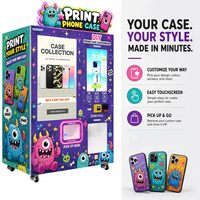 Máquina expendedora de carcasas de teléfono con pantalla dual para impresión de diseños de papel tapiz festivo, ideal para centros comerciales urbanos.