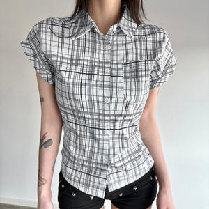 Camisa de Verano Europea, Sexy y Chic, a Cuadros, con Botones, Manga Corta, Corte Ajustado, Cintura Ajustada, Estilo Cárdigan - Product Image 4