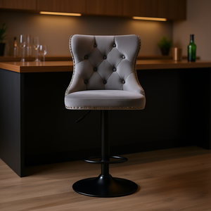 Tabouret de bar en velours gris capitonné, hauteur réglable de 25 à 33 pouces, base ronde moderne, structure en métal, mobilier de bar pour la maison - Product Image 2