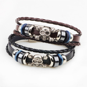 Fashion Wrap Bracelet Skull Design Zinc Alloy Black Coffee Color Handmade <b>Braided</b> Leather Men's Jewelry <b>Accessory</b> - Product Image 2