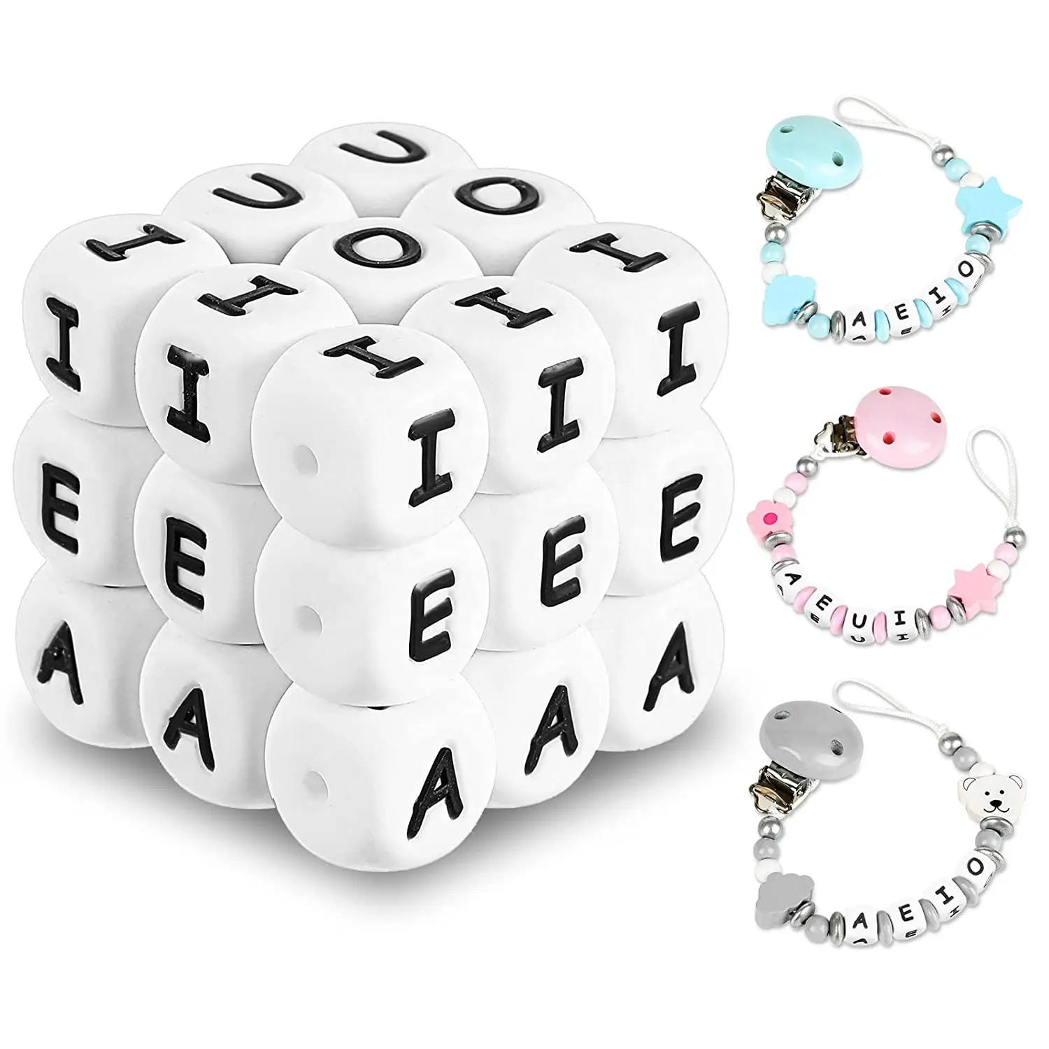 Hot Sell BPA Free 12mm Mixed Square Cube DIY Bracelet Necklace Alphabet White Focal Letter Bead Silicone