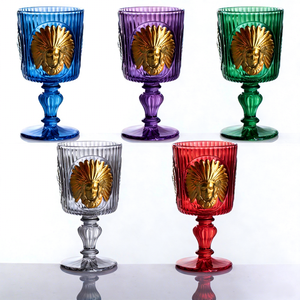 Exquisite Handmade Painted-Colored Indian Pattern Wine Goblets Durable Stylish Embossed Vintage Glass Pressed Ornament