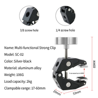 Grande pince à crabe avec alliage d'aluminium noir, trou de vis 1/4 3/8 pour bras magique, accessoires de studio photo