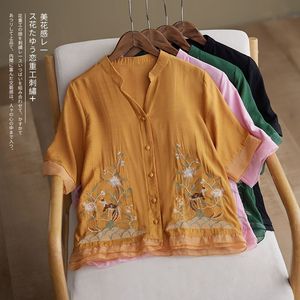 Chinese Style Linen Shirt Women Short Sleeve V Neck Embroidered Loose Blouse Everyday Wear Green Yellow Pink Black - Product Image 4