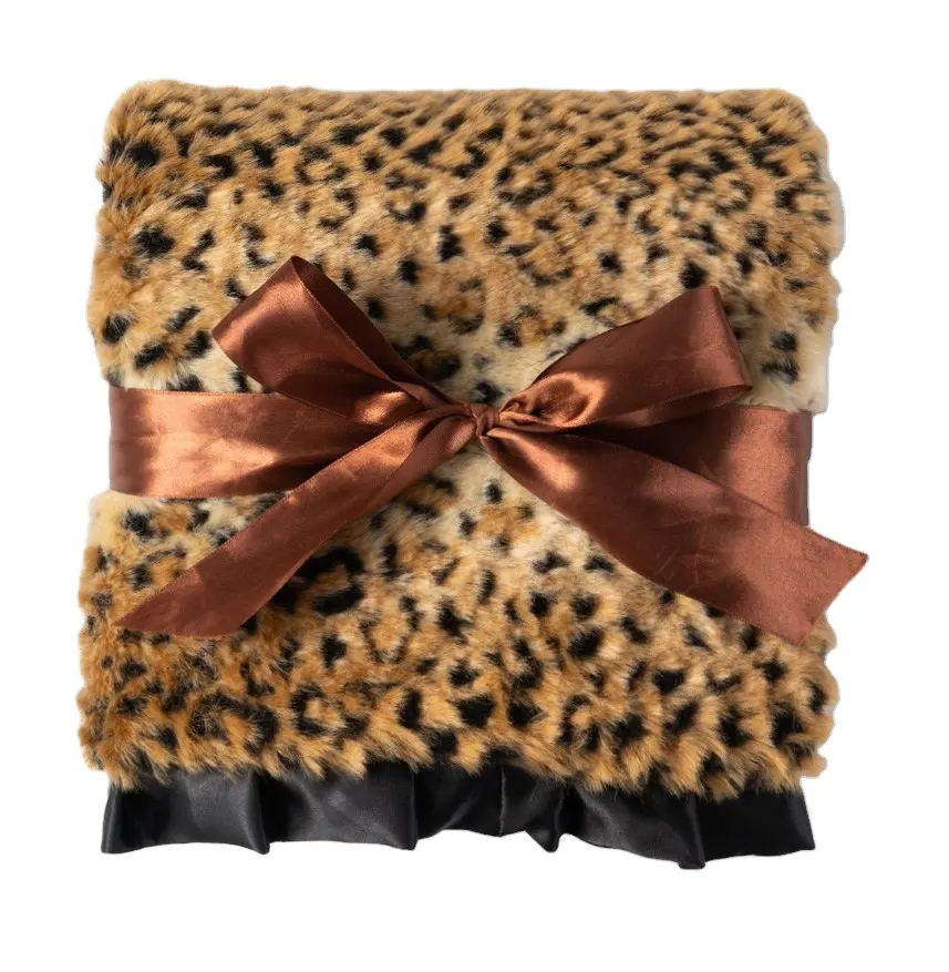 Peluche luxueuse en fausse fourrure imprimée léopard, couverture pour emmailloter bébé avec bordure en Satin